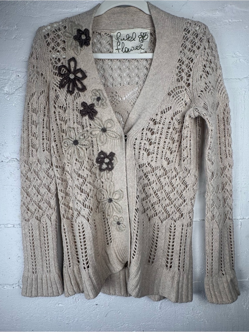 Anthro Field Flower Crochet Cardigan Sweater knit Lambswool Cashmere blend M